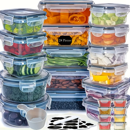 24 or 48-Piece Plastic Food Storage Container Set with Snap Lids, Labels and Marker for Pantry Organization
