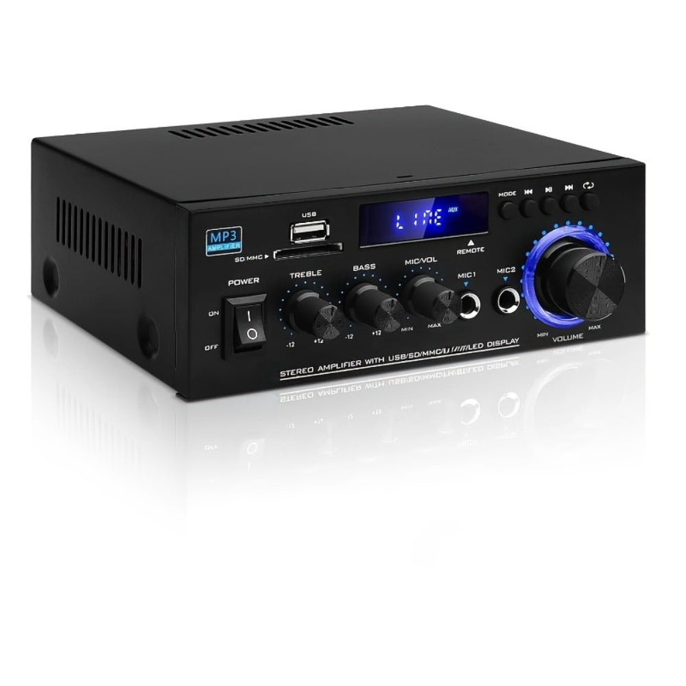 AK45 Two-Channel Bluetooth Home Audio Amplifier with FM, Karaoke Inputs, USB, MMC and SD Card Playback Options