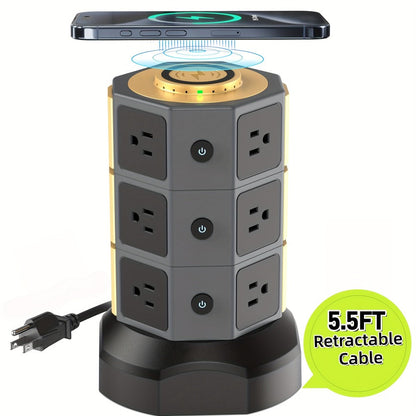 Power Strip Tower with 12 AC Outlets, 4 USB-A, 2 USB-C, 15W Magnetic Wireless Charger and 5.5-Foot Retractable Cord