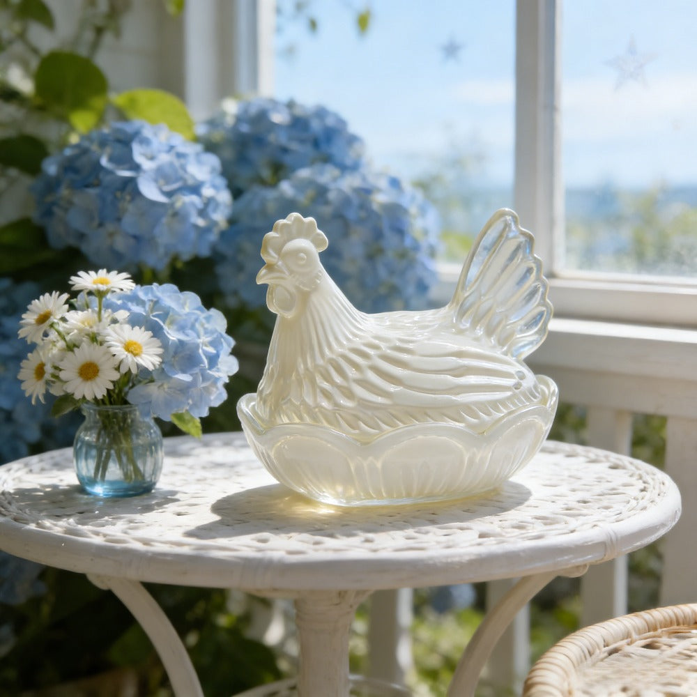 Two-Piece Glass Chicken Candy Jar and Lid Set with White Nesting Hen Design for Kitchen Display