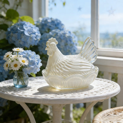 Two-Piece Glass Chicken Candy Jar and Lid Set with White Nesting Hen Design for Kitchen Display