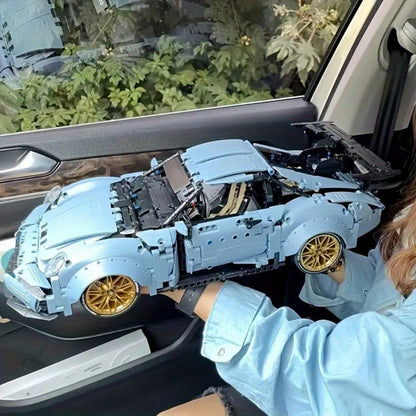Misty Blue Lowrider Sports Car Building Block Model with 2,100 Pieces, Two Checkout Sets and Display Stand