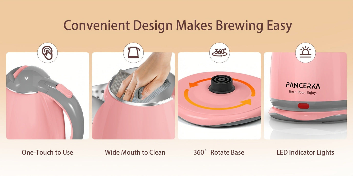 PANCERKA 1.8L Electric Kettle with 1000W Heating and Stainless Steel Interior in Pink or White
