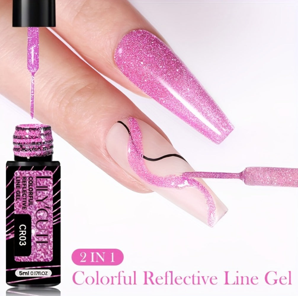 Reflective Liner Nail Art Gel Six-Bottle Set with 5ml CR01 to CR06 Colors and Slim Brushes for Detail Lines