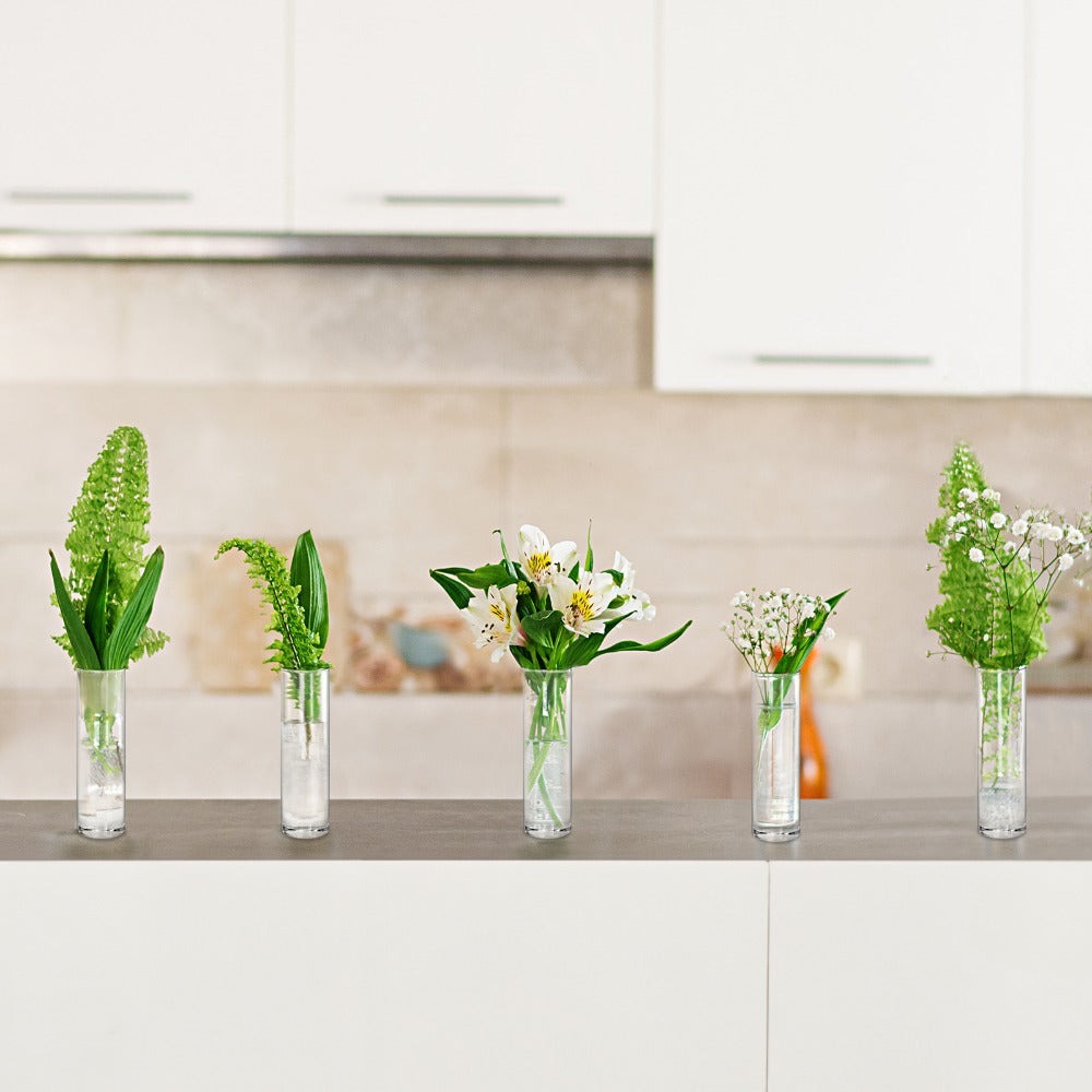 Fifteen-Piece Clear Glass Cylinder Vase Set with 7.5-Inch Height, 1.7-Inch Diameter and Stable Round Base