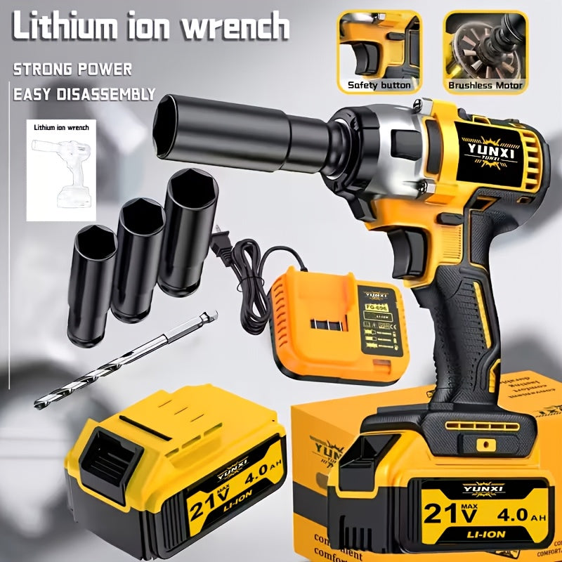 Power Tools YUNXI 21V Brushless Cordless Impact Wrench Kit with 4000mAh Battery and Configurable Accessories