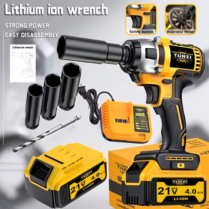 Power Tools YUNXI 21V Brushless Cordless Impact Wrench Kit with 4000mAh Battery and Configurable Accessories