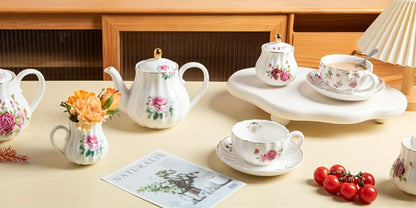 Floral Porcelain-Style Tea Service Set for Six in Five Coral, Peach, Rose, Peony or Spring Designs