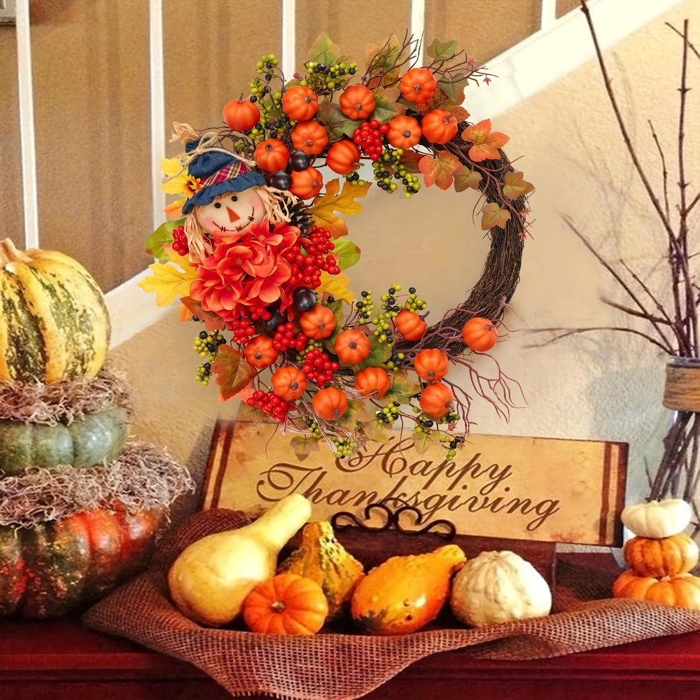 Autumn Front Door Wreath with Pumpkins, Maple Leaves, Red Flowers and Harvest Doll Accent for Seasonal Decor