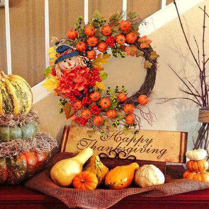 Autumn Front Door Wreath with Pumpkins, Maple Leaves, Red Flowers and Harvest Doll Accent for Seasonal Decor