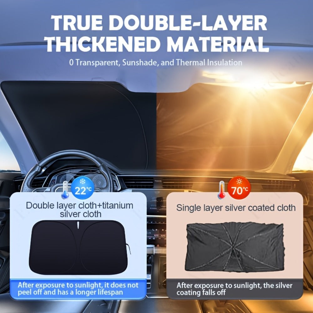 Windshield Sun Shade with Hook & Loop Closure - Foldable Front Window UV Ray Blocker, Dashboard Heat Protector, Universal Fit Car Interior Sun Visor for Cooler Cabin