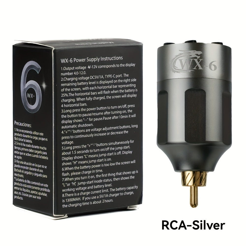 WX-6 Rechargeable Tattoo Power Supply with LED Display and Four RCA or DC Color Configurations
