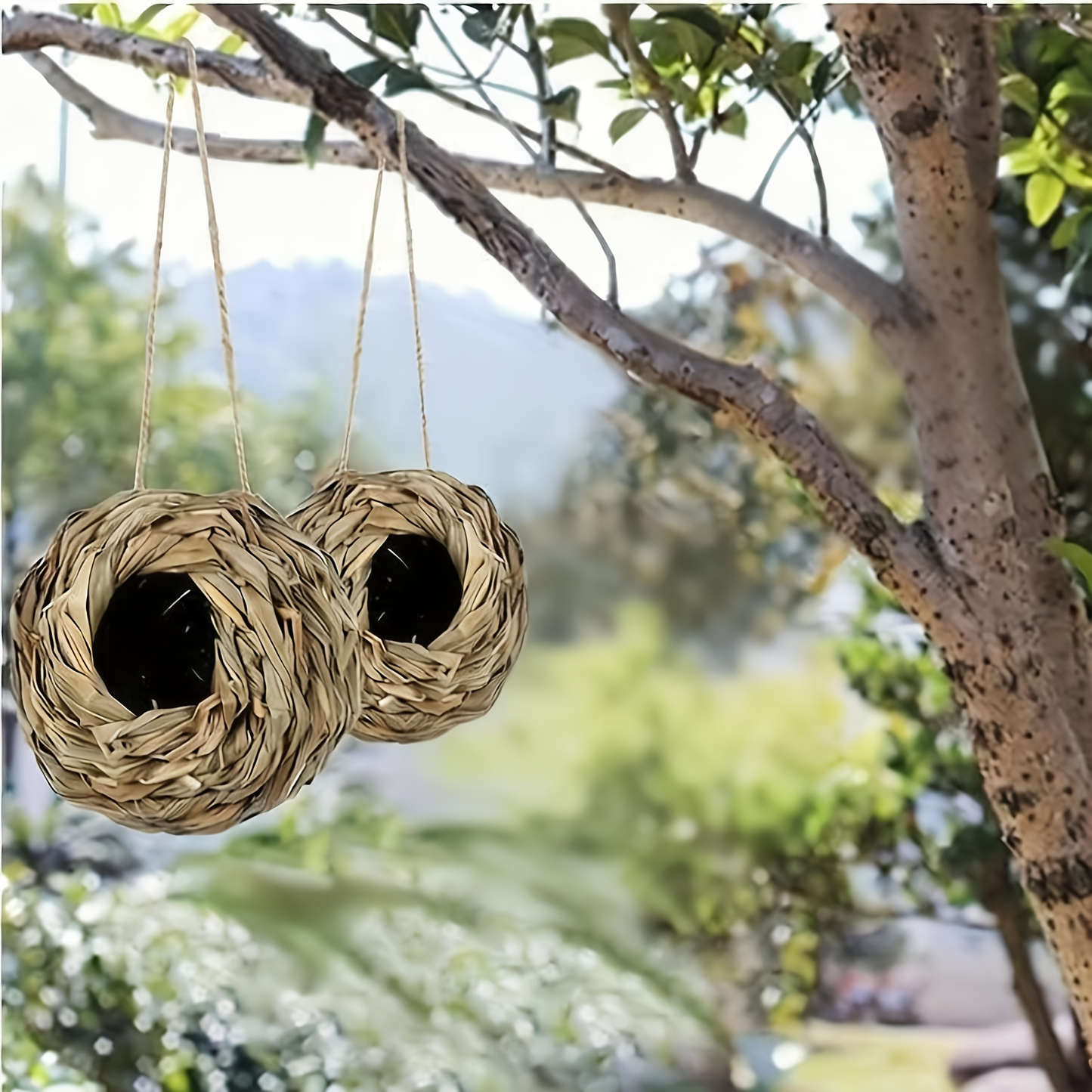 Two-Piece Woven Hanging Bird Nest Set with Round Openings and Optional Pair of Decorative Bird Figures