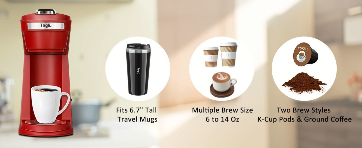 Single-Serve Coffee Maker for Pods or Grounds with 6-14oz Fill Labels, One-Button Control and Four Colors