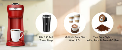 Single-Serve Coffee Maker for Pods or Grounds with 6-14oz Fill Labels, One-Button Control and Four Colors