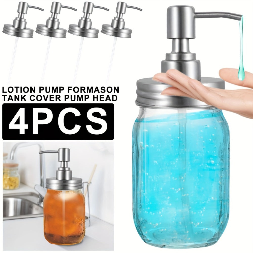Mason Jar Soap Dispenser Pump Lids 4 Pack – 304 Stainless Steel Regular Mouth Mason Jar Pump Replacement, Leakproof Gasket, 3.9" Cuttable Tube, for Kitchen Bathroom Lotion Hand Soap Dish Soap