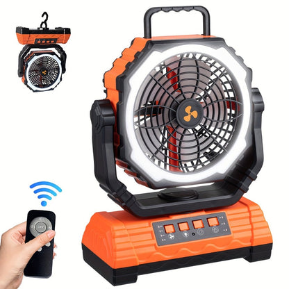 Portable Camping Fan with Dual Motors LED Light & Remote Control, Solar Powered Outdoor Fan with Hook for Tent Work Site Power Outage, Camping Accessories