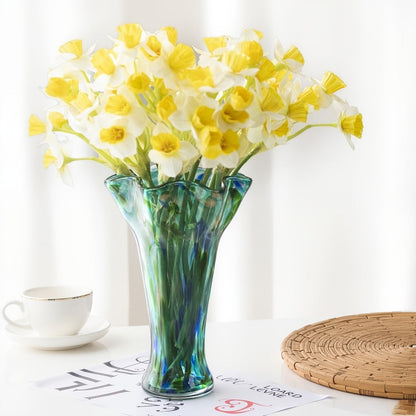 Teal Green Art Glass Flower Vase with Wide Petal-Shaped Mouth, 26 cm Height and Thick Round Base