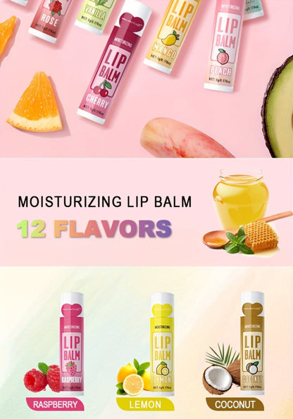 12-Piece Tube Lip Balm Set with 12 Pictured Fruit and Botanical Flavor Labels in a Display Box