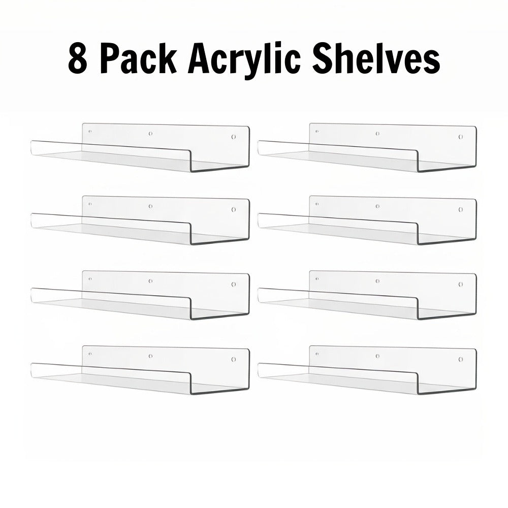 Clear Acrylic Wall Display Shelf Set in 15 x 4-Inch Size with 4, 8 or 16 Shelves and Mounting Hardware