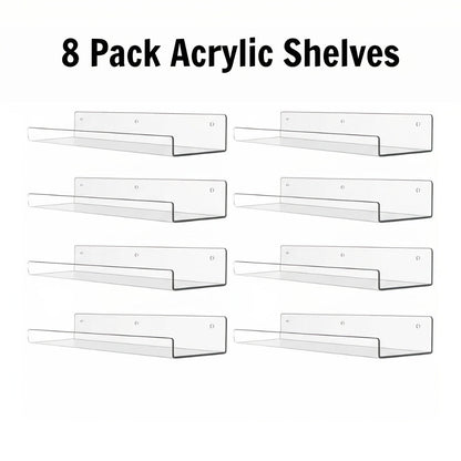 Clear Acrylic Wall Display Shelf Set in 15 x 4-Inch Size with 4, 8 or 16 Shelves and Mounting Hardware