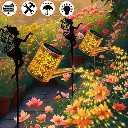 Solar Garden Light Watering Can Stake with 36 LED Waterfall Strands, IP65 Rating and Two Light Options