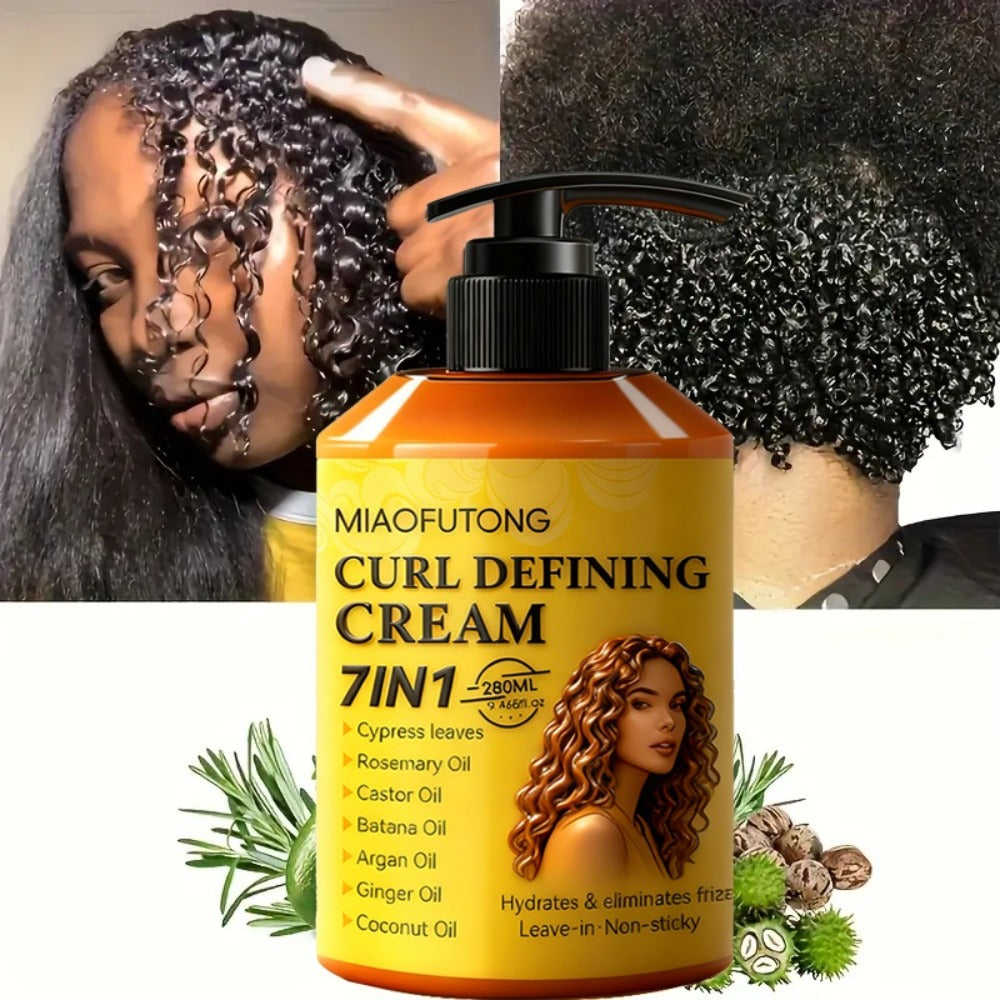 7-in-1 Botanical Curl Cream 280ml – Deep Moisture Curl Defining Cream with Argan, Rosemary, Castor & Coconut Oil, Anti-Frizz Long-Lasting Volume for Wavy Curly Coily Hair