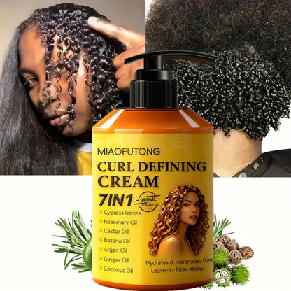 7-in-1 Botanical Curl Cream 280ml – Deep Moisture Curl Defining Cream with Argan, Rosemary, Castor & Coconut Oil, Anti-Frizz Long-Lasting Volume for Wavy Curly Coily Hair