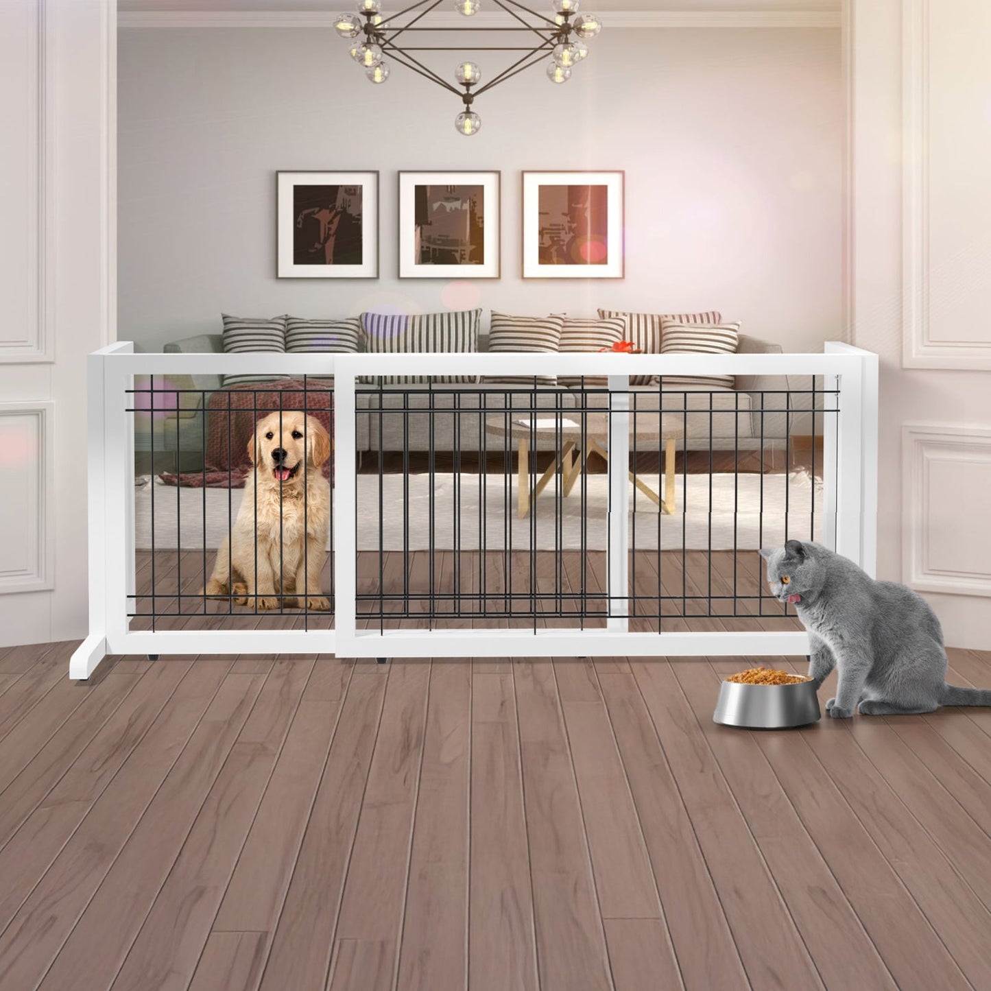 Freestanding Pet Gate for Dogs & Cats - Solid Wood Dog Gate for House, Adjustable 40" to 71" Wide, Indoor Dog Fence for Doorways Stairs Hallways, No-Drill Extra Wide Baby Gate