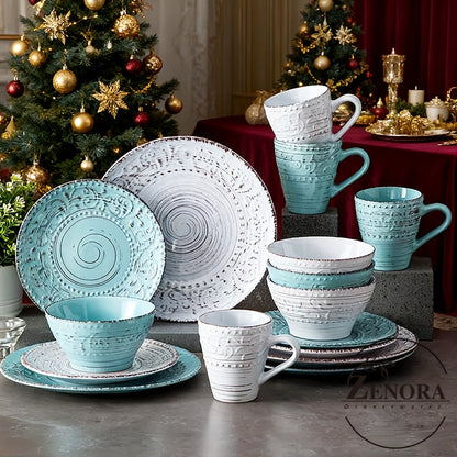 Sixteen-Piece Ceramic-Style Dinnerware Set for Four in White-Blue or Milky-White Coffee Colors