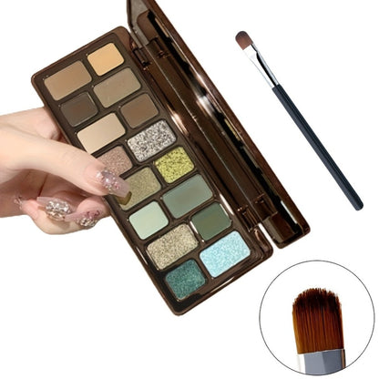 16-Color Eyeshadow Palette – Smoky Retro Matte Glitter & Pearlescent Shades, Gray Green Earthy Tones with Highlight & Blush, Compact Travel-Friendly Makeup Palette for Women