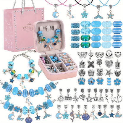 Bracelet Making Craft Kit with Portable Jewelry Box, Beads and Charms in Seven Color or Theme Options