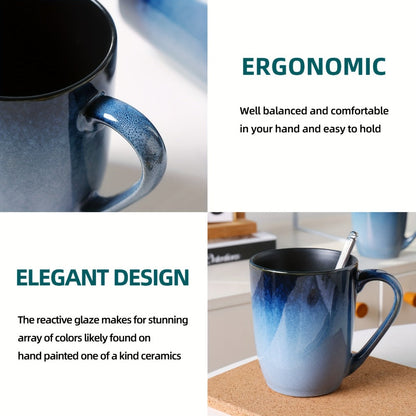 Six-Piece Blue Gradient Coffee Mug Set with Straight Handles and 14-Ounce Capacity Label Pictured