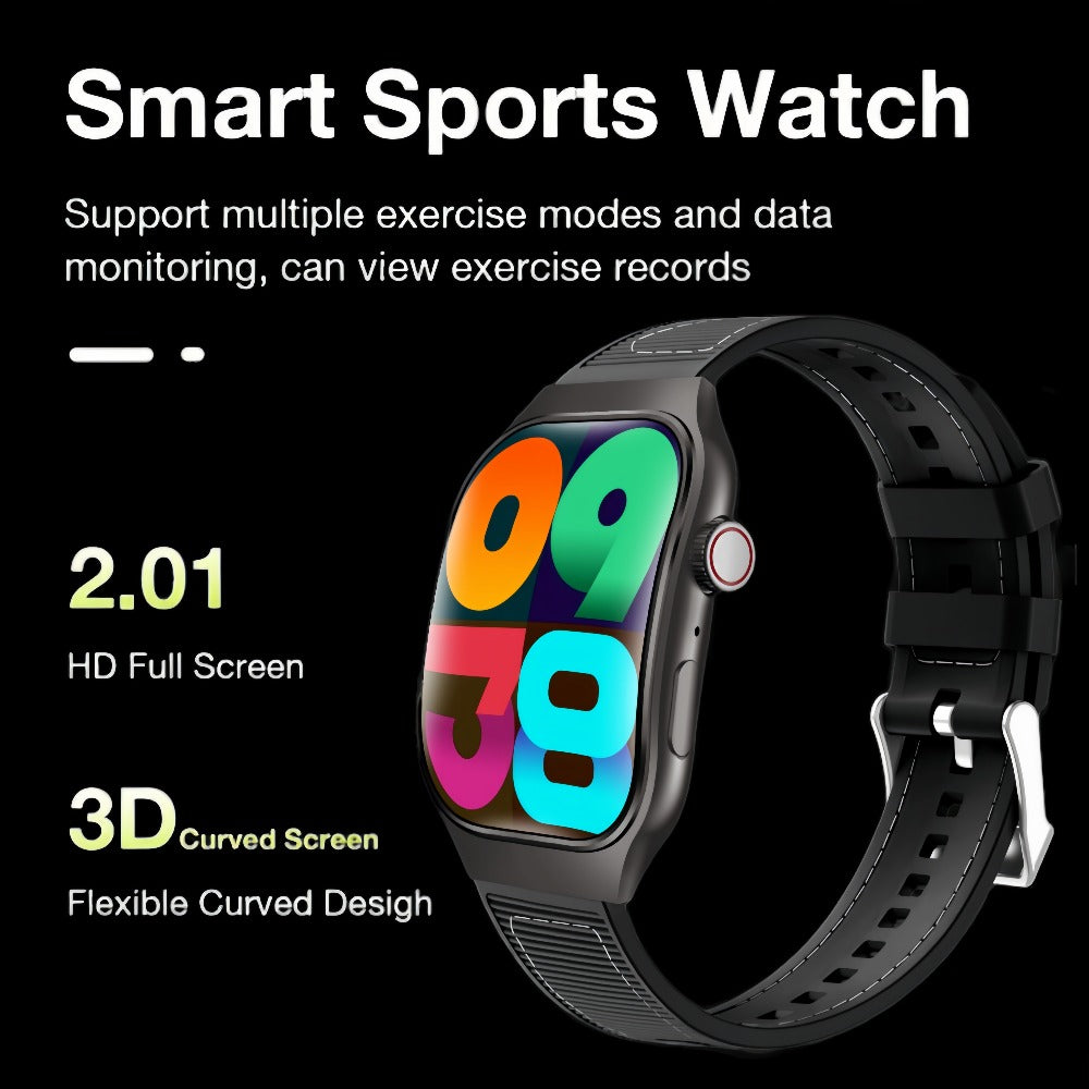 2.01 Inch Curved Screen Smartwatch Bluetooth 5.3 HD Calling Built-In Games Voice Assistant 100 Sport Modes Magnetic Charging Heart Rate Blood Oxygen Sleep Tracker Full Touch Classic Design Black Blue Silver