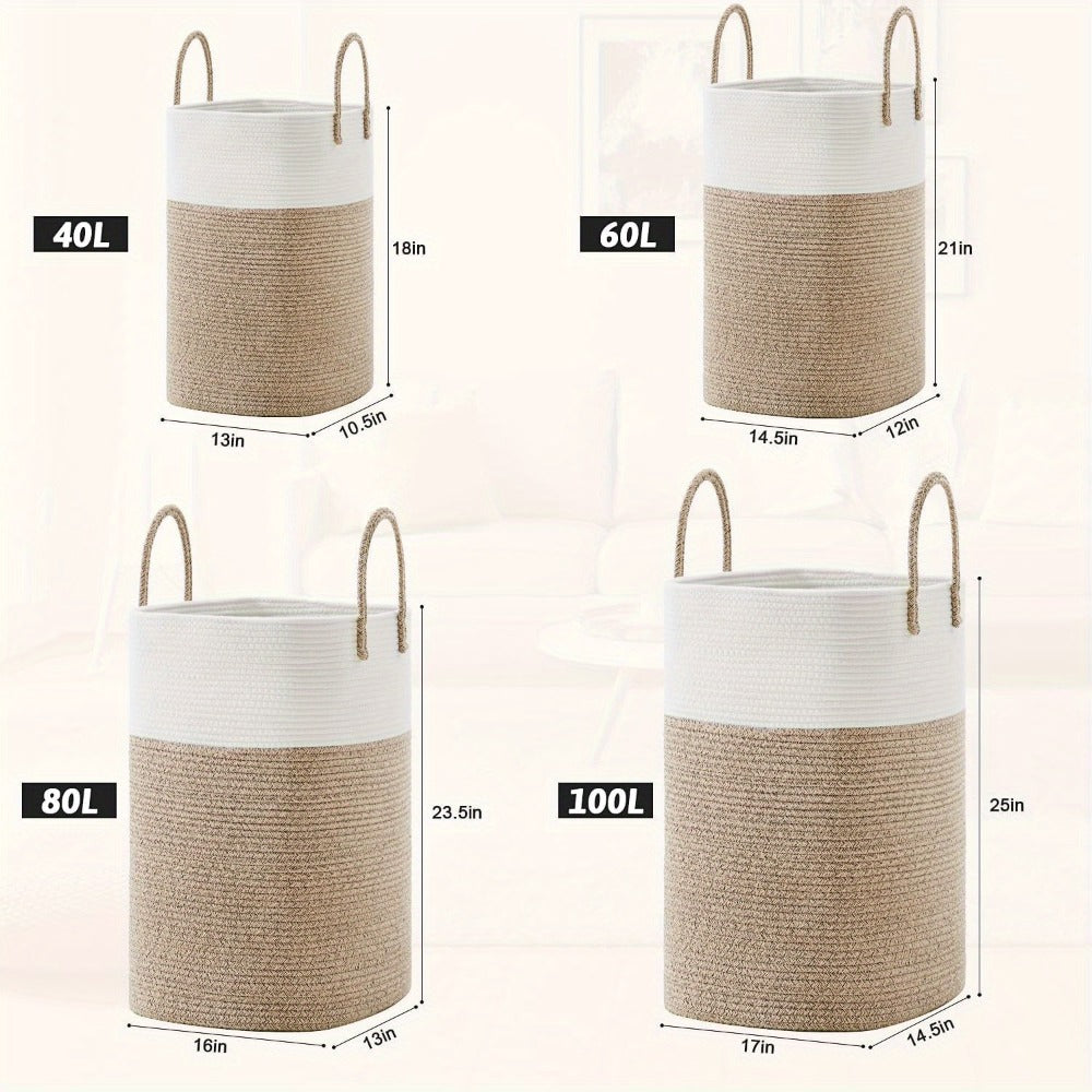 Woven Cotton Rope Laundry Basket with Twin Handles, 40L to 100L Sizes and Five Two-Tone Color Options