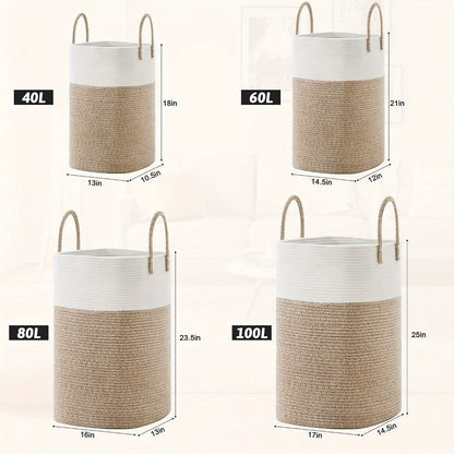 Woven Cotton Rope Laundry Basket with Twin Handles, 40L to 100L Sizes and Five Two-Tone Color Options