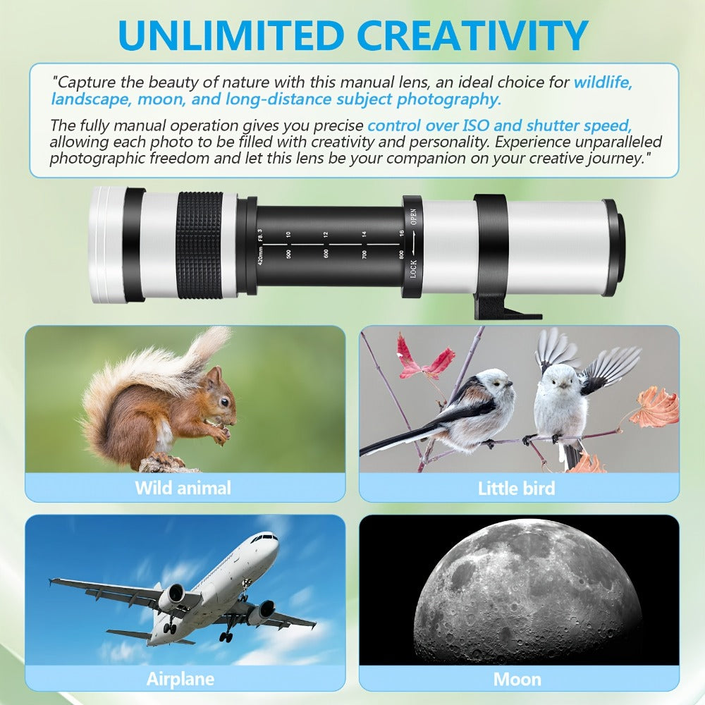 420-800mm High-Power Telephoto Zoom Lens F8.3-16 for Canon EF Mount DSLR Cameras Manual Focus T-Mount Adapter Included Compatible with Multiple Camera Models for Wildlife Bird Moon Photography