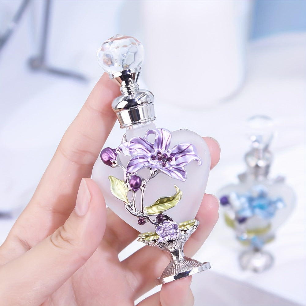 Refillable 10 ml Decorative Glass Perfume Bottles with Floral Inlay and Eight Color or Shape Options
