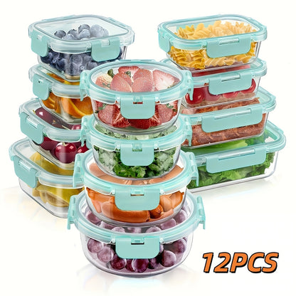 Food Storage Containers Borosilicate Glass Set with Locking Lids in 10-, 12- or 17-Piece Color Options