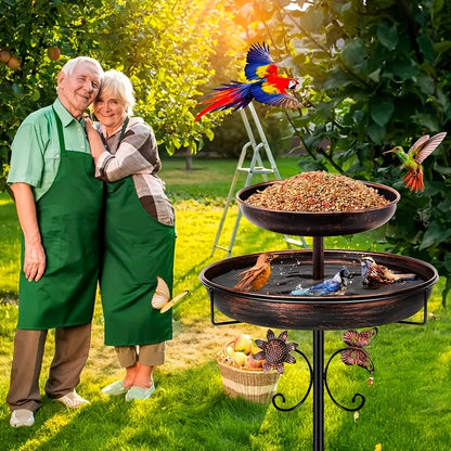 Two-Tier Bird Bath and Feeder with 5-Claw Ground Stake, Copper-Color Bowls and Leaf Accents