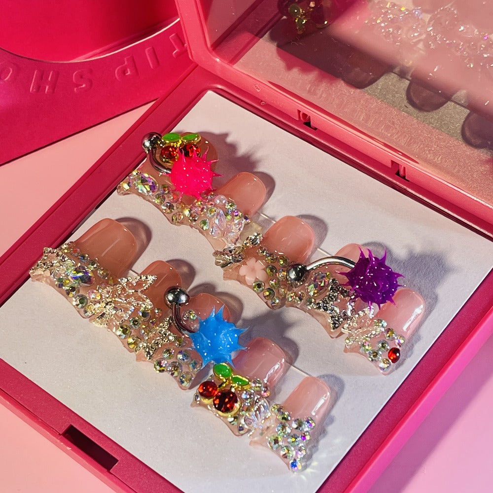 Press On Nails Handmade Y2K Duckbill Set with 3D Eye Barbell Star Rhinestone Charms and S M L Sizes