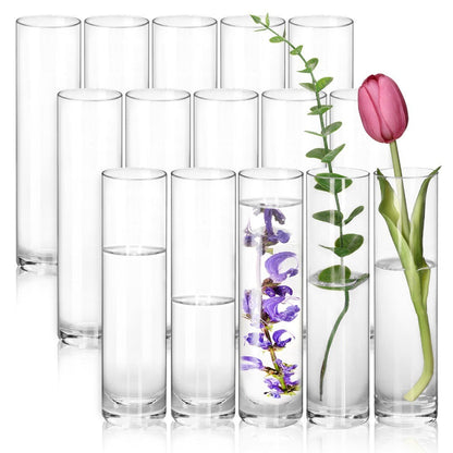 Fifteen-Piece Clear Glass Cylinder Vase Set with 7.5-Inch Height, 1.7-Inch Diameter and Stable Round Base