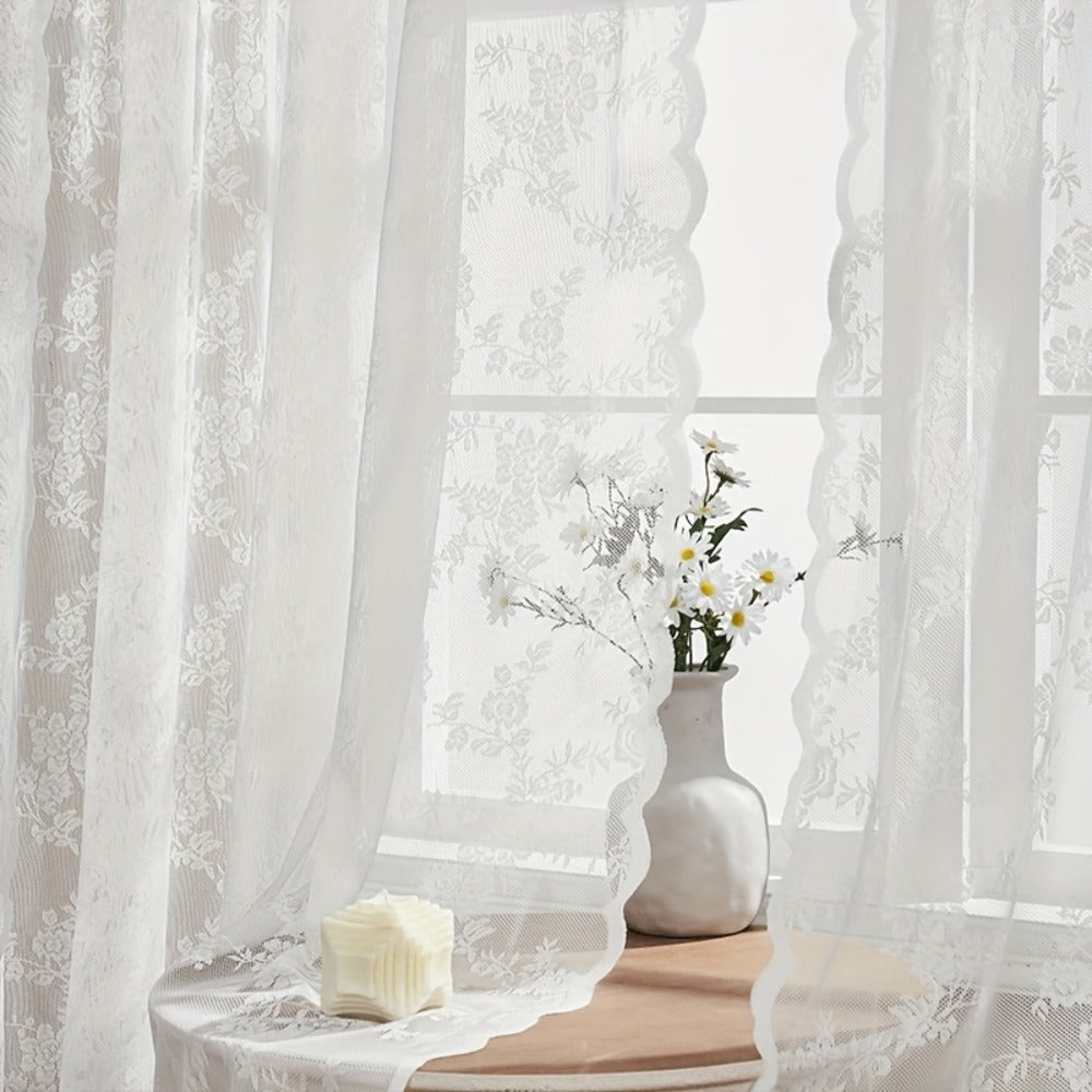 Two-Panel Floral Lace Window Curtain Set with Rod-Pocket Top, Three Colors and Six Metric Size Options
