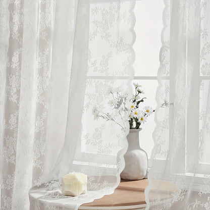 Two-Panel Floral Lace Window Curtain Set with Rod-Pocket Top, Three Colors and Six Metric Size Options