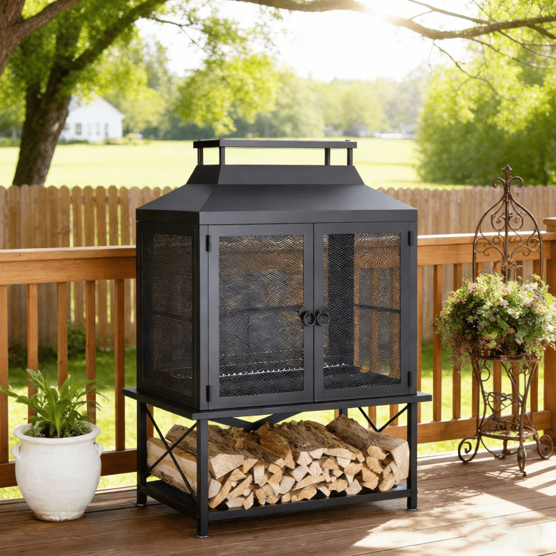 Outdoor Fireplace 39 Inch Rectangular Wood Burning Fire Pit with Grill, Spark Screen & Poker, Large Metal Patio Fireplace with Wood Storage for Garden Deck Backyard, Black