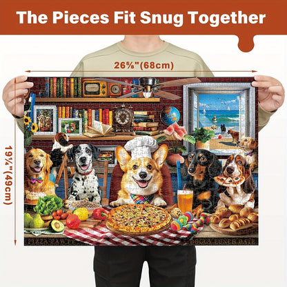 Dogs Dinner Party Jigsaw Puzzle in 500- or 1000-Piece Options with Lettered Backs and Reference Poster for Adults