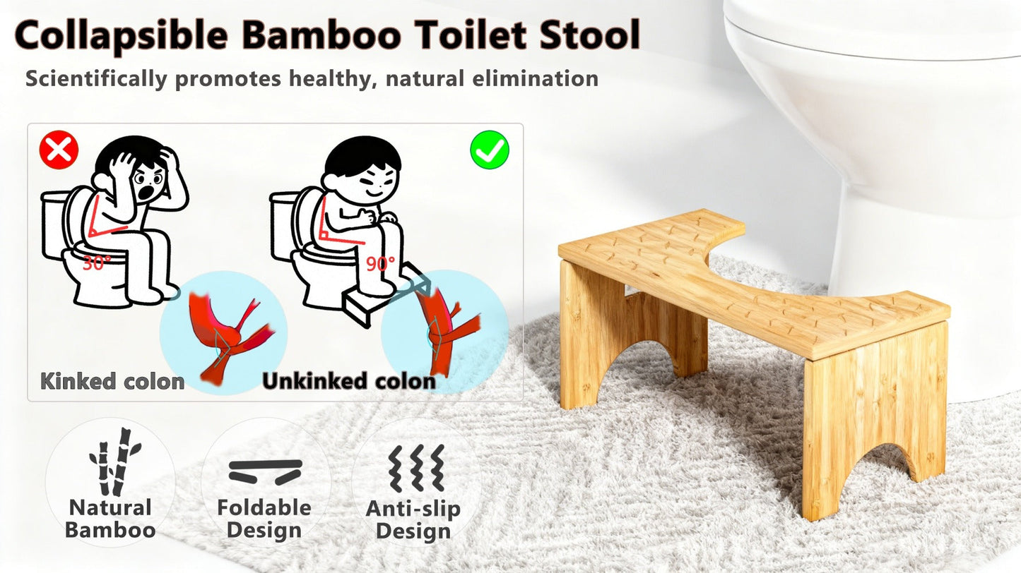 Foldable Bamboo Toilet Footstool with 7-Inch Height, Curved Opening and Anti-Slip Feet for Bathroom Use