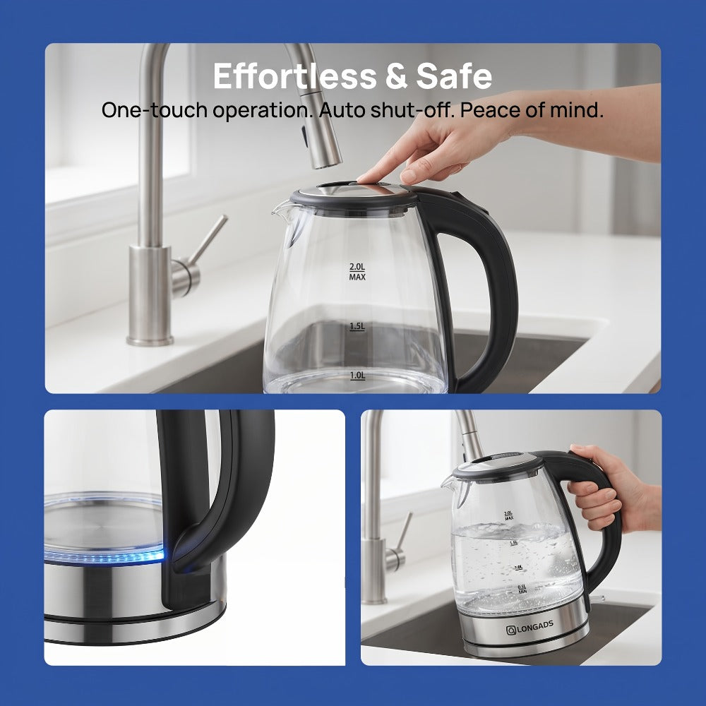 Glass Electric Kettle 2L Large Capacity – 1000W Fast Boil, Anti-Dry Burn Protection, See-Through Design for Coffee Milk Tea, Kitchen Dining Room Living Room Use, 67.63oz