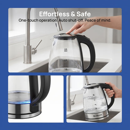 Glass Electric Kettle 2L Large Capacity – 1000W Fast Boil, Anti-Dry Burn Protection, See-Through Design for Coffee Milk Tea, Kitchen Dining Room Living Room Use, 67.63oz
