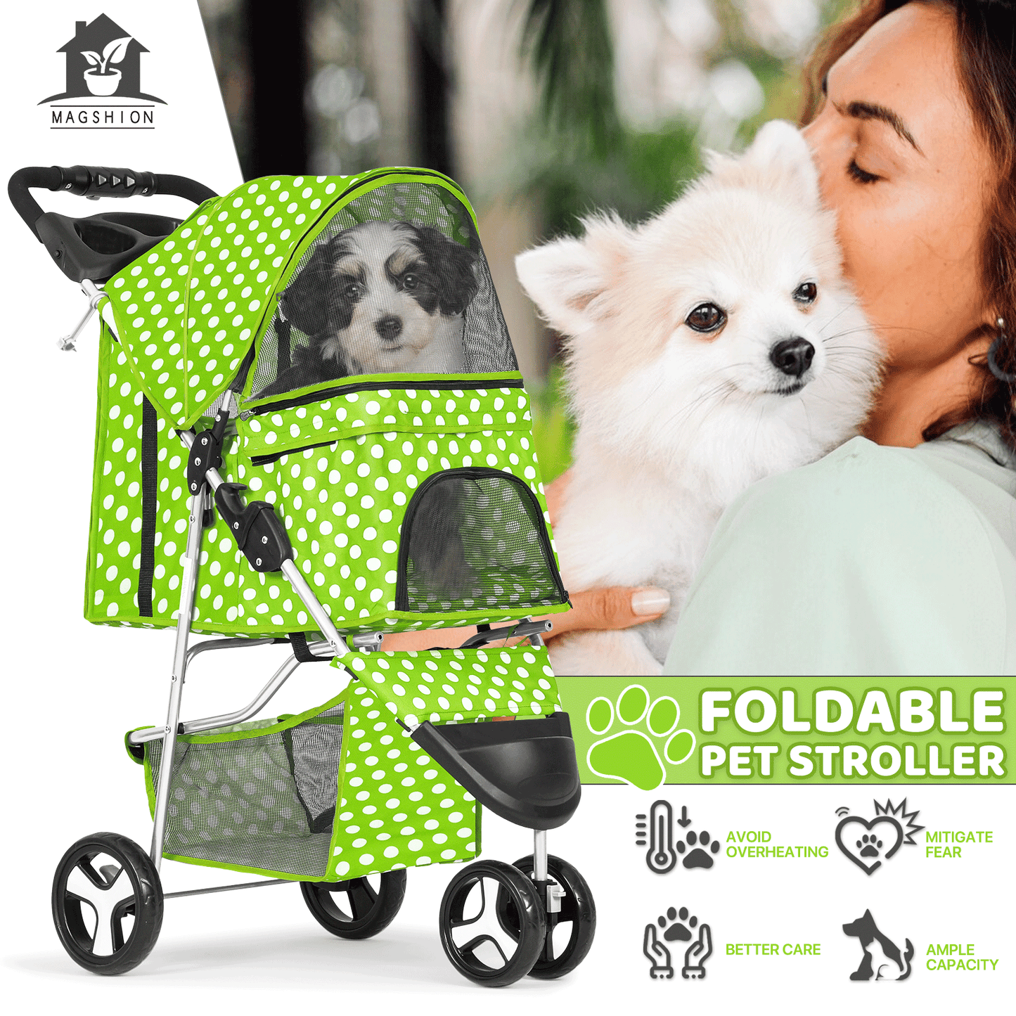 Pet Jogger Stroller 3-Wheel for Small & Medium Dogs & Cats up to 33 lbs - Foldable Oxford Waterproof Dog Cat Pram with 360° Swivel Wheels, Shock Absorber, Rear Brakes, Cup Holder & Storage Basket, 11 Colors
